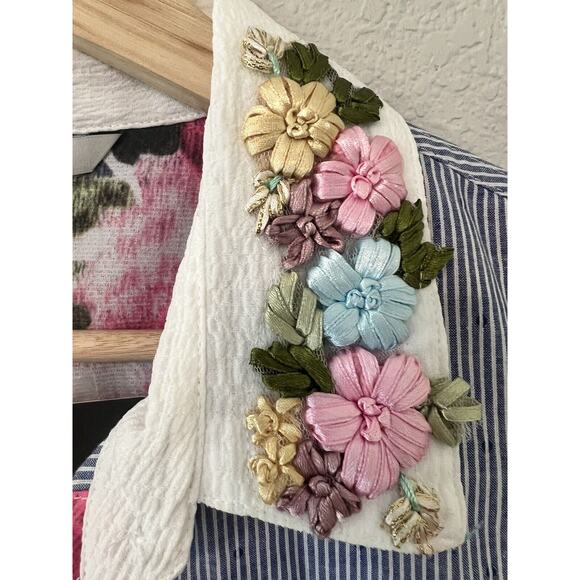 Vincente Tunic Top White Blue Sleeveless Floral Collar Hi Lo Hem Size Medium - Picture 5 of 16